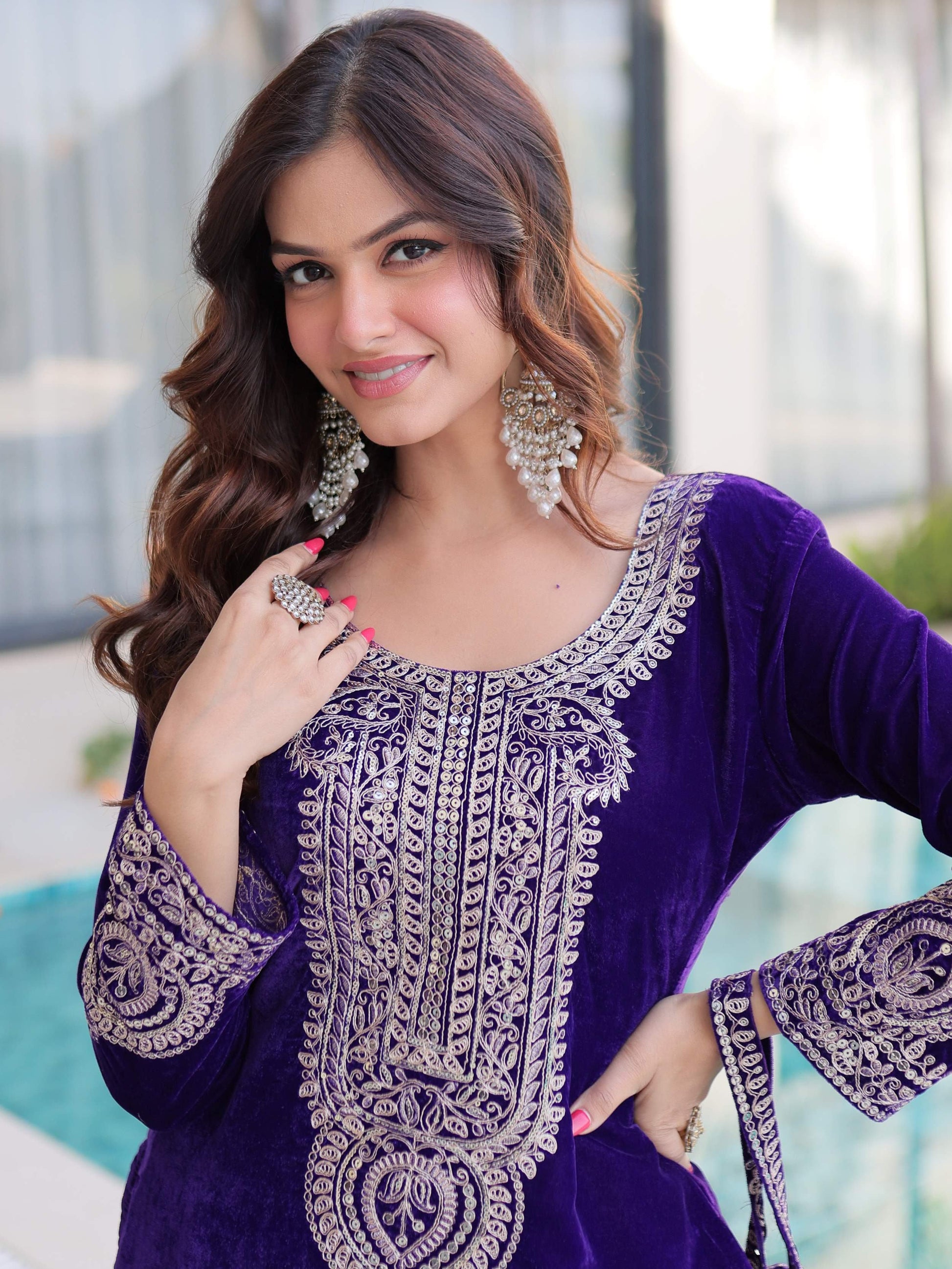 Royal Purple Zari Coding Embroidered Velvet Palazzo Suit With Batwa