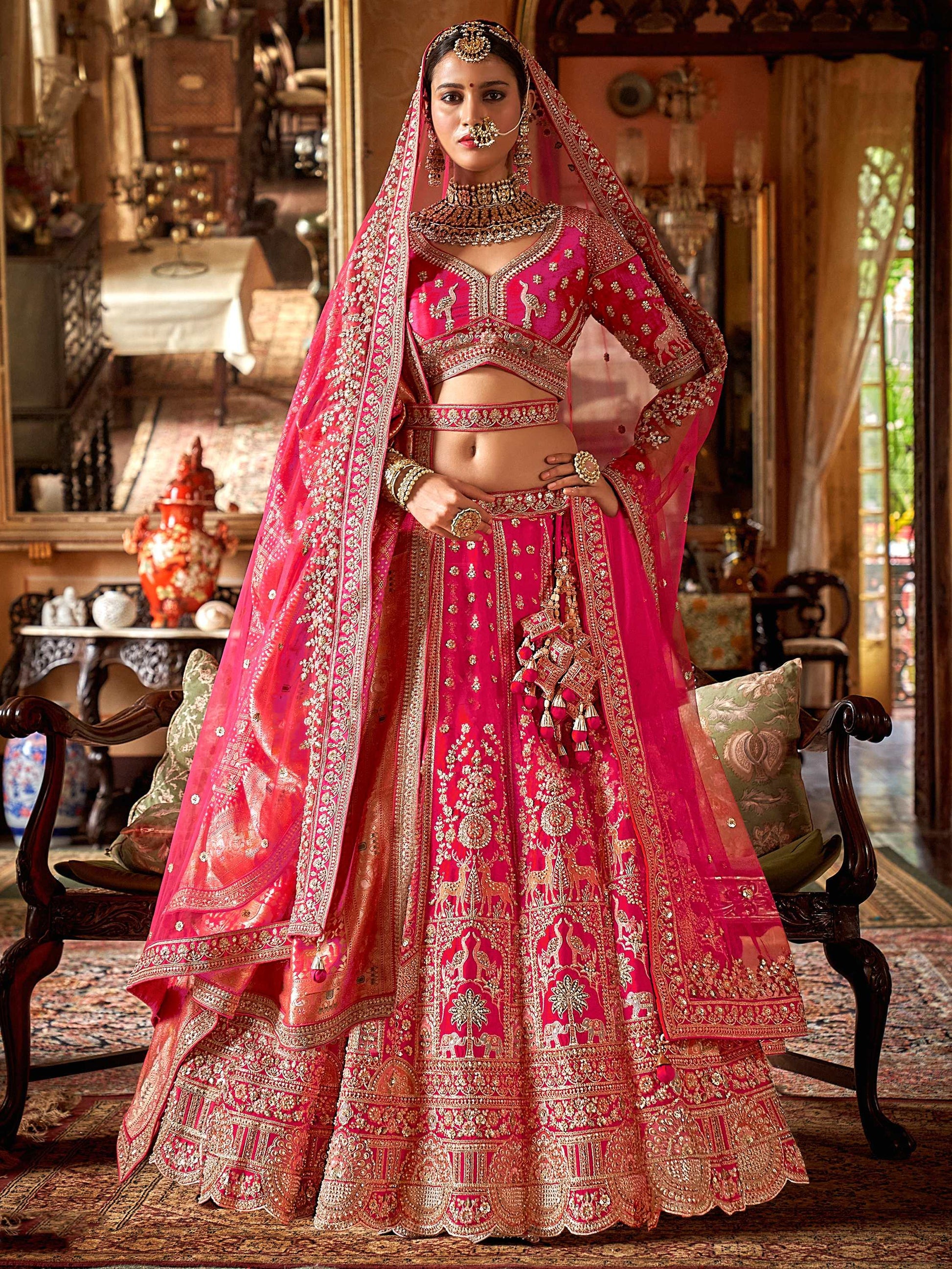 Royal Rani Pink Pearl Embroidered Silk Bridal Lehenga Choli With Double Dupatta