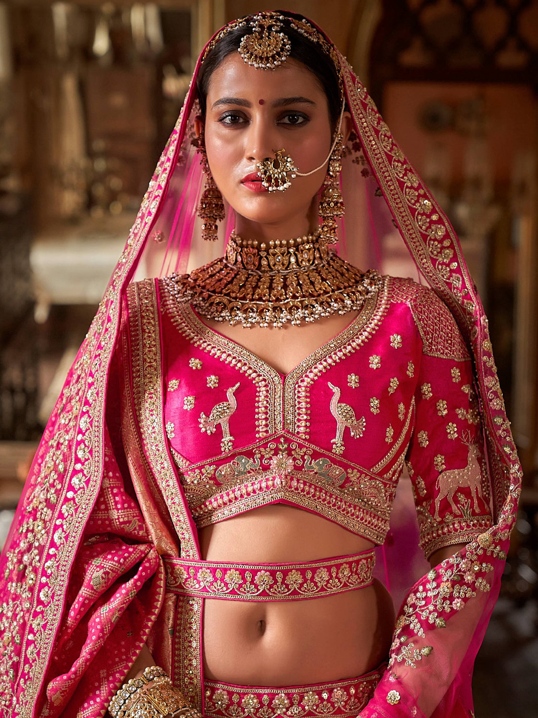 Royal Rani Pink Pearl Embroidered Silk Bridal Lehenga Choli With Double Dupatta