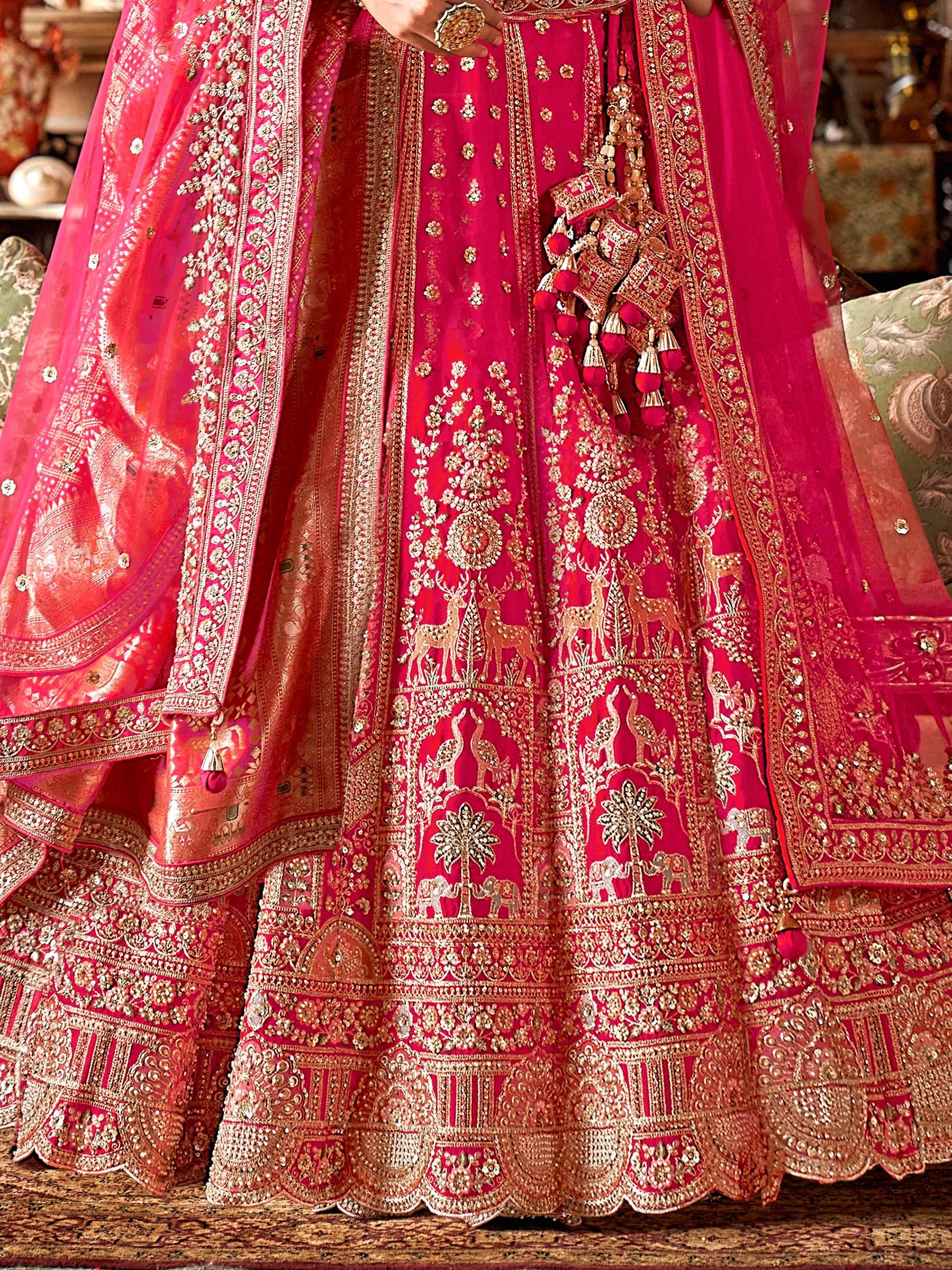 Royal Rani Pink Pearl Embroidered Silk Bridal Lehenga Choli With Double Dupatta