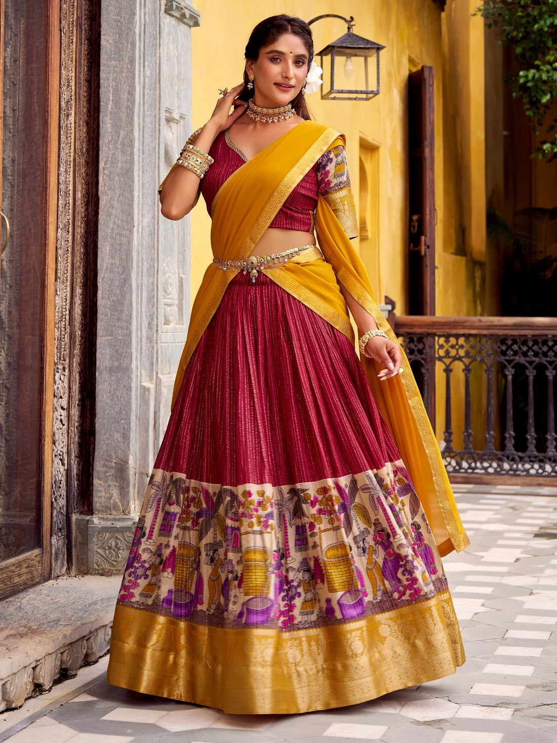 Royal Red Kalamkari Print Chanderi Silk Half Saree Lehenga With Dupatta