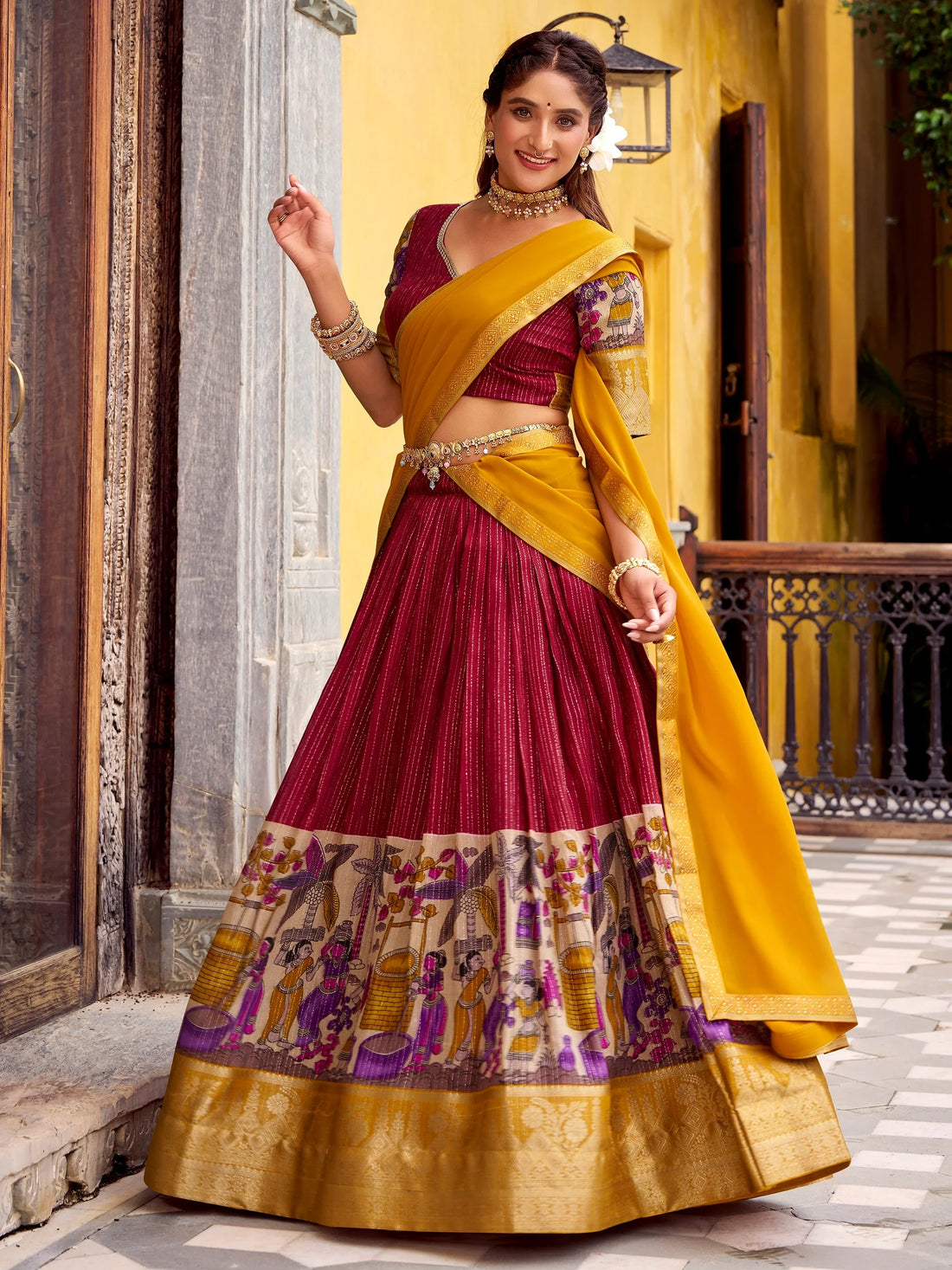 Royal Red Kalamkari Print Chanderi Silk Half Saree Lehenga With Dupatta