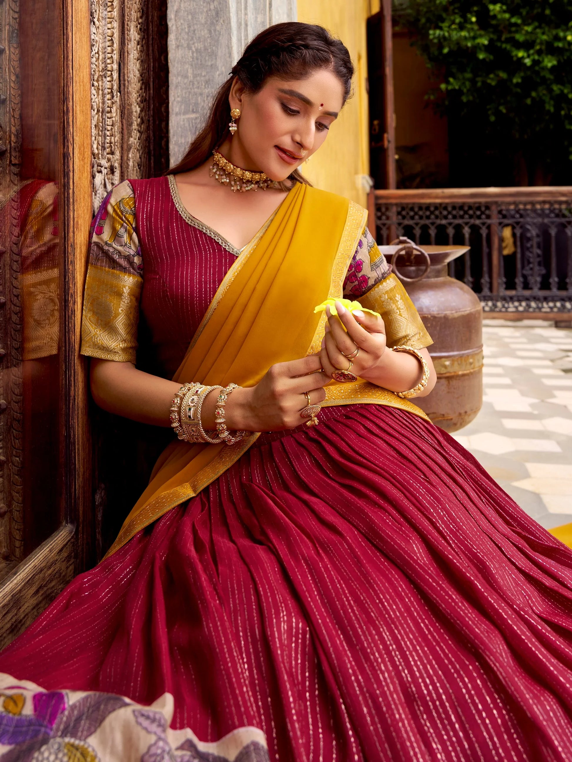 Royal Red Kalamkari Print Chanderi Silk Half Saree Lehenga With Dupatta
