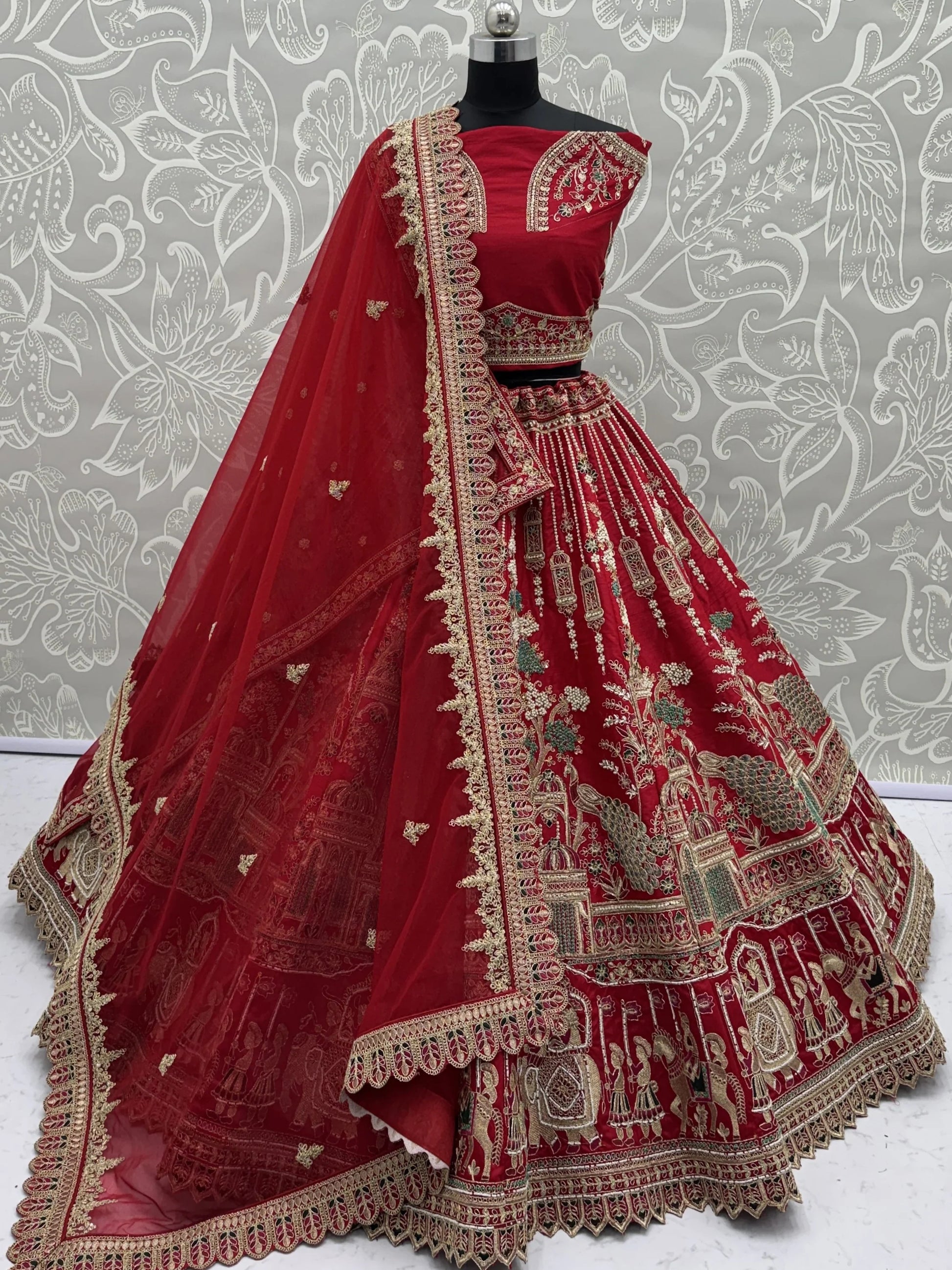 Royal Red Multi Thread Work Silk Bridal Wear Lehenga Choli With Double Dupatta