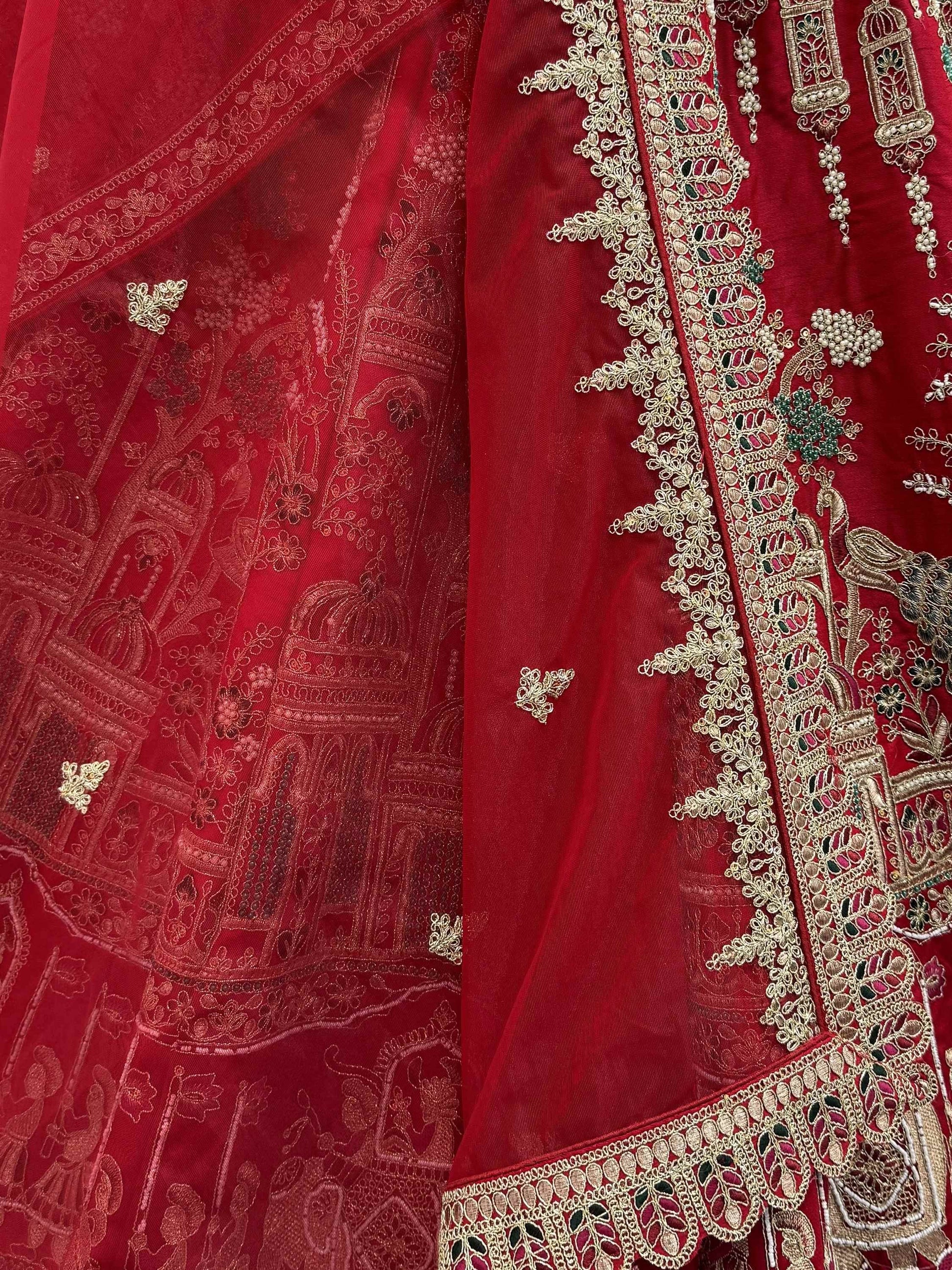Royal Red Multi Thread Work Silk Bridal Wear Lehenga Choli With Double Dupatta