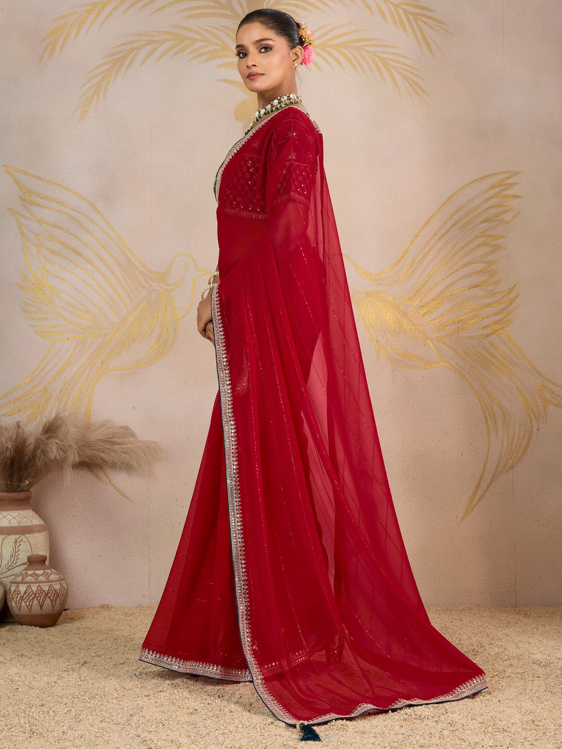 Royal Red Sequins Border Georgette Wedding Wear Saree With Blouse