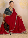 Royal Red Sequins Border Georgette Wedding Wear Saree With Blouse
