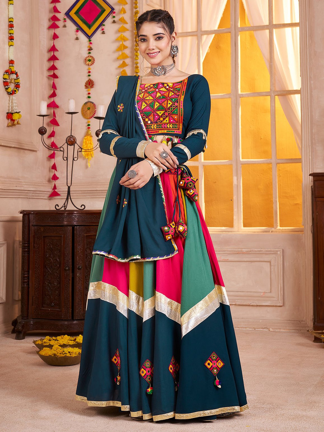 Royal Teal Blue Lace Work Cotton Traditional Lehenga Choli With Dupatta - Zeel Clothing