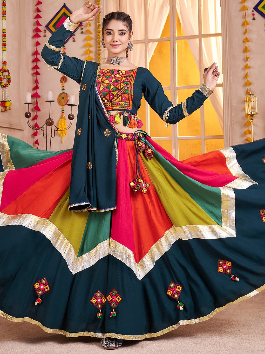Royal Teal Blue Lace Work Cotton Traditional Lehenga Choli With Dupatta - Zeel Clothing