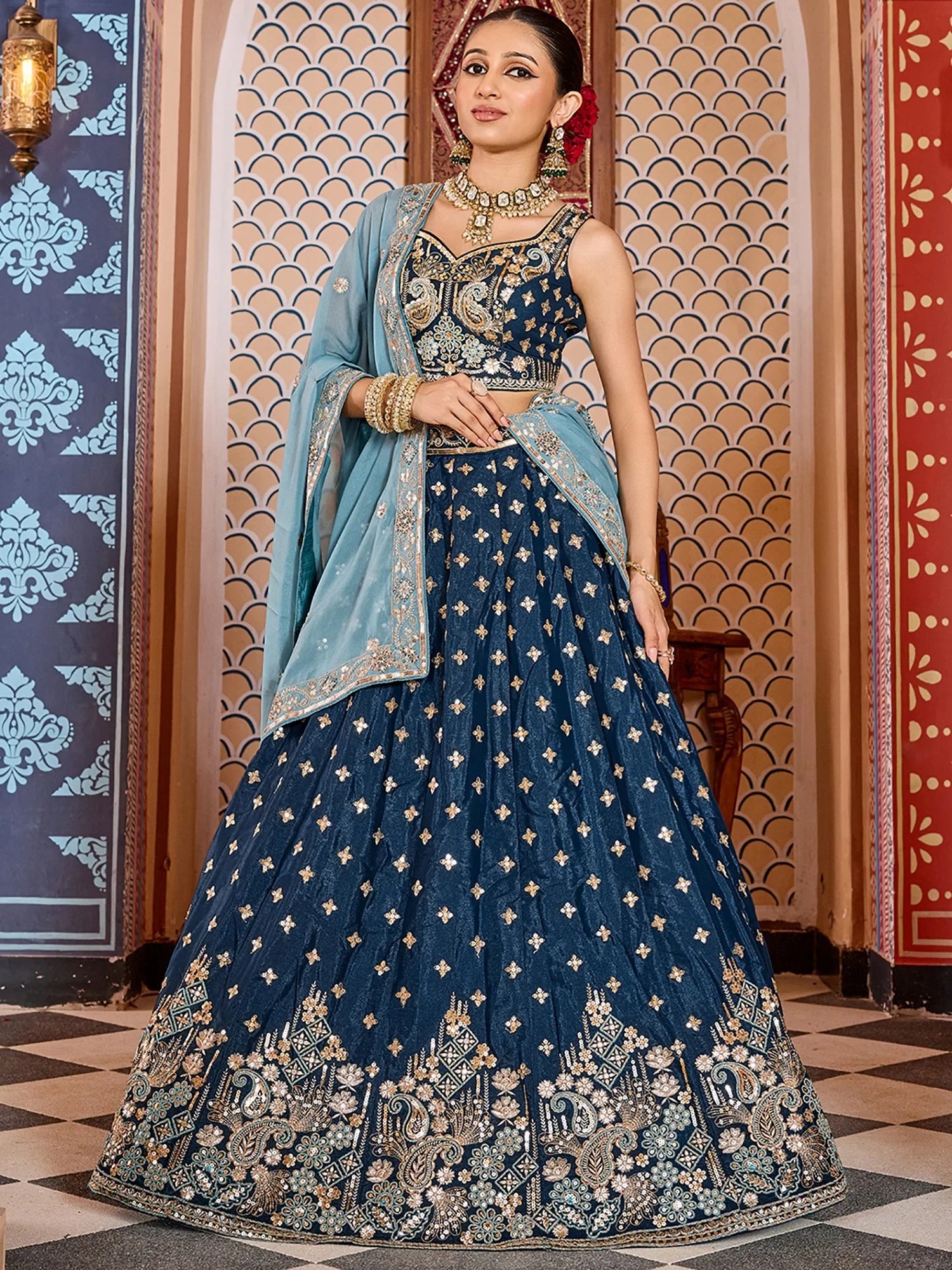 Royal Teal Blue Sequins Tissue Engagement Wear Lehenga Choli With Dupatta