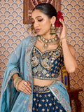 Royal Teal Blue Sequins Tissue Engagement Wear Lehenga Choli With Dupatta