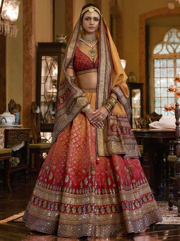 Amazing Red & Yellow Mirror Work Rajwadi Silk Traditional Lehenga Choli