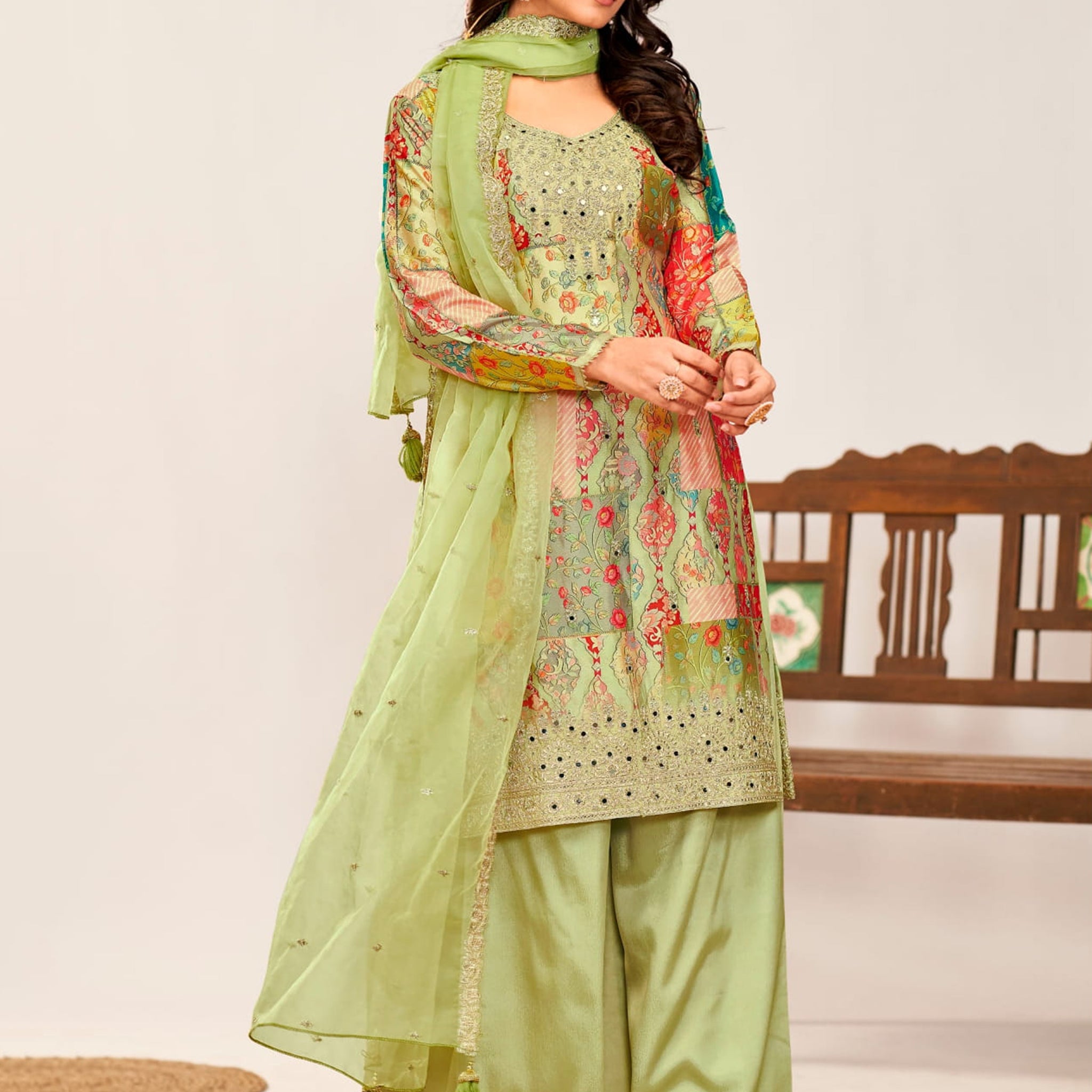 Charming Pista Green Embroidered Chinon Festival Wear Palazzo Suit