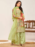 Charming Pista Green Embroidered Chinon Festival Wear Palazzo Suit