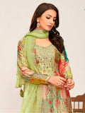 Charming Pista Green Embroidered Chinon Festival Wear Palazzo Suit