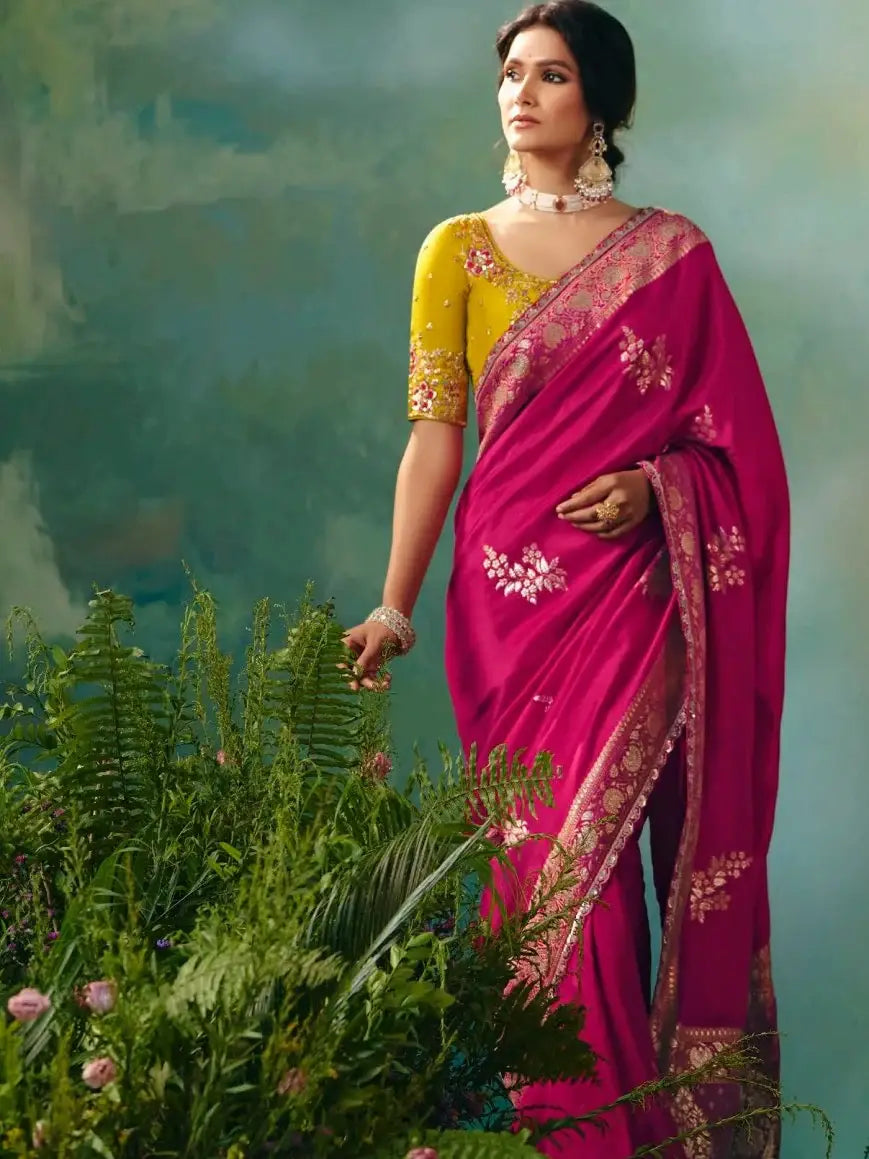 Pretty Rani Pink Sequin Tissue Engagement Wear Saree With Blouse