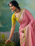 Charming Baby Pink Thread Work Tissue Reception Wear Saree With Blouse