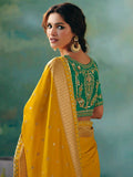 Super Mustard Yellow Embroidered Tissue Event Wear Saree With Blouse