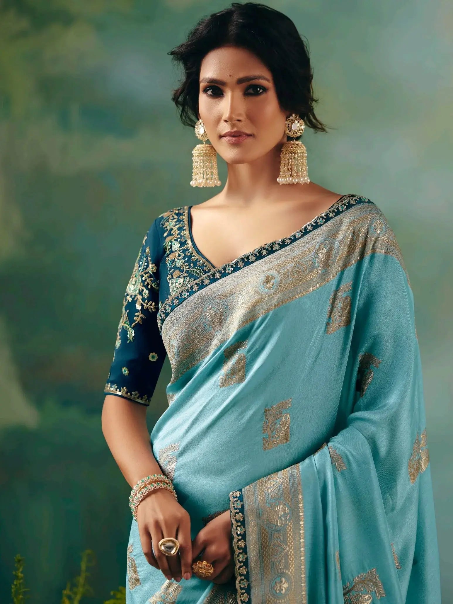 Breathtaking Sky Blue Zari Work Tissue Bridesmaid Saree With Blouse