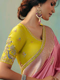 Charming Baby Pink Thread Work Tissue Reception Wear Saree With Blouse