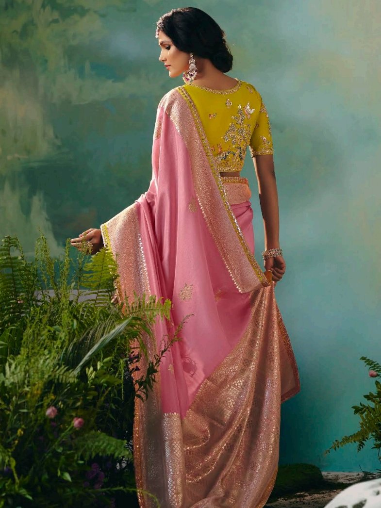 Charming Baby Pink Thread Work Tissue Reception Wear Saree With Blouse