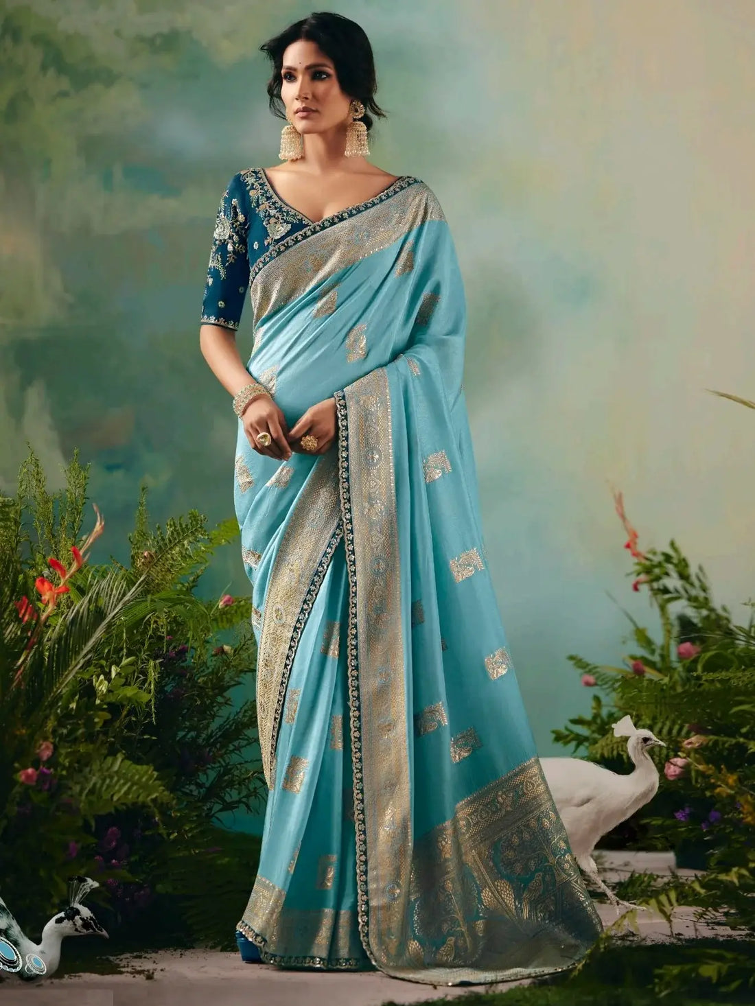 Breathtaking Sky Blue Zari Work Tissue Bridesmaid Saree With Blouse