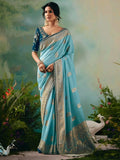 Breathtaking Sky Blue Zari Work Tissue Bridesmaid Saree With Blouse