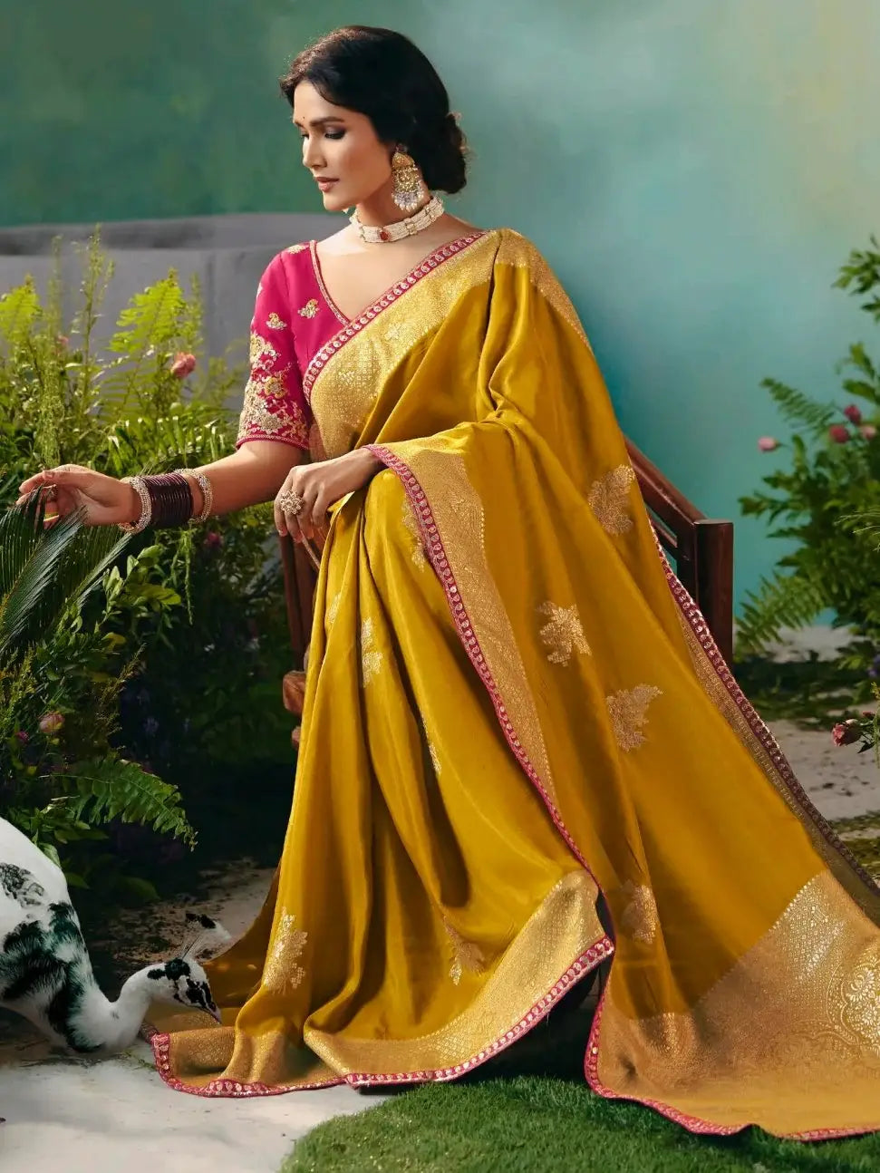 Stunning Mustard Yellow Floral Embroidery Tissue Haldi Wear Saree With Blouse