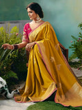 Stunning Mustard Yellow Floral Embroidery Tissue Haldi Wear Saree With Blouse