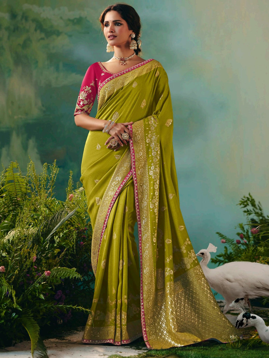 Awesome Olive Green Floral Embroidered Tissue Designer Saree With Blouse
