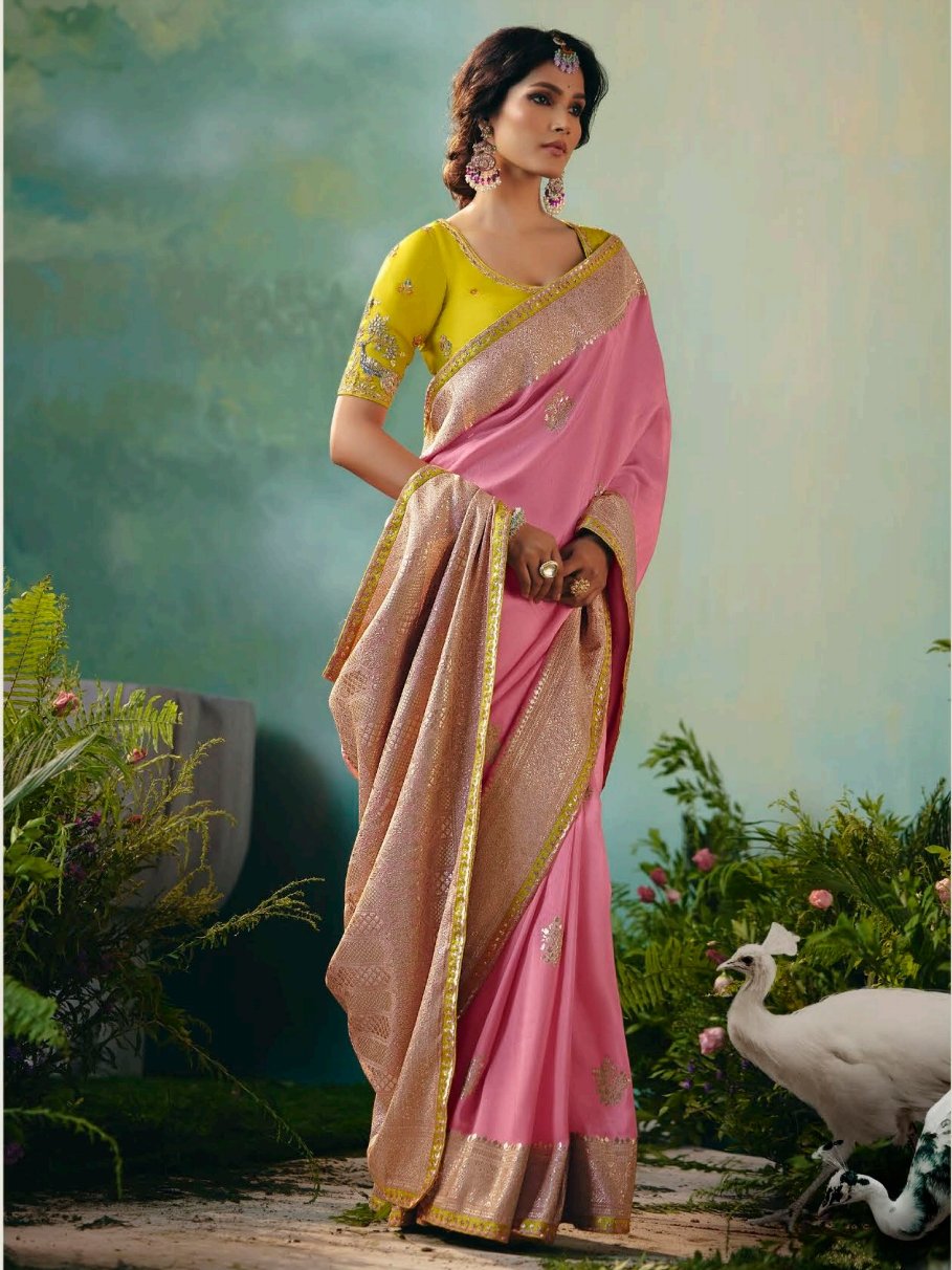 Charming Baby Pink Thread Work Tissue Reception Wear Saree With Blouse