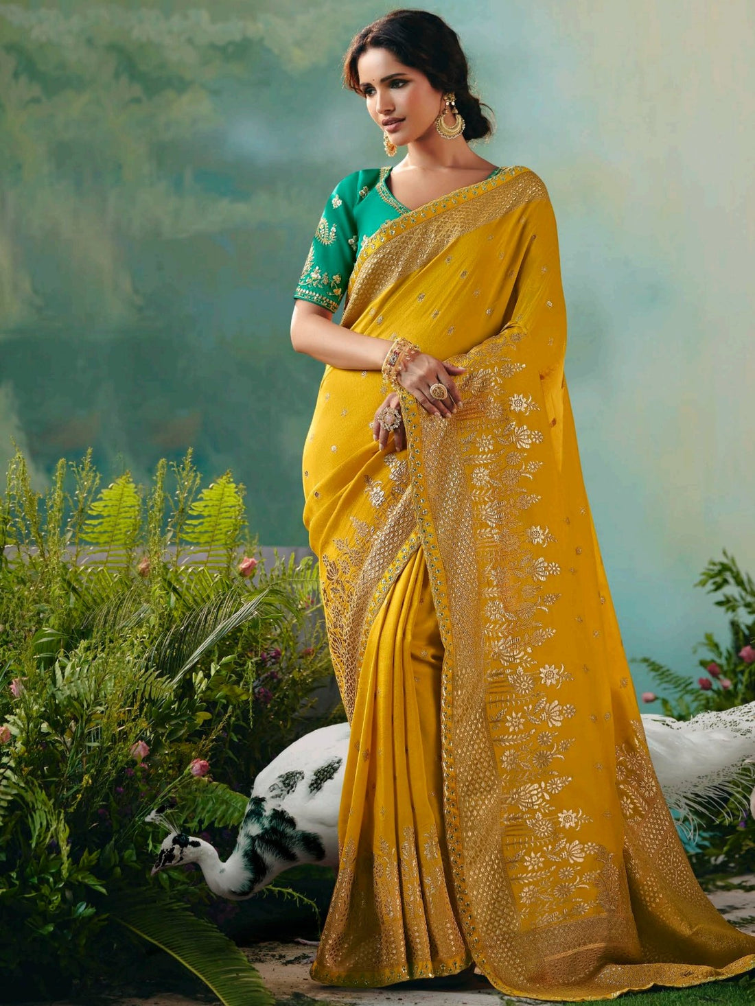 Super Mustard Yellow Embroidered Tissue Event Wear Saree With Blouse
