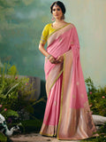 Charming Baby Pink Thread Work Tissue Reception Wear Saree With Blouse