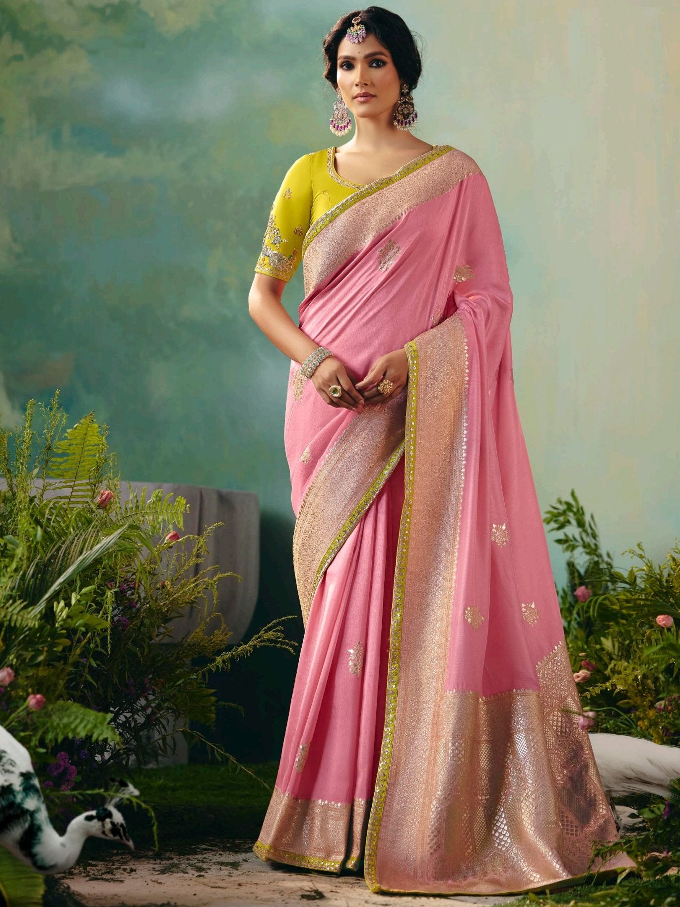 Charming Baby Pink Thread Work Tissue Reception Wear Saree With Blouse