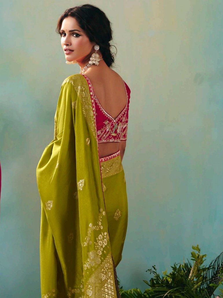 Awesome Olive Green Floral Embroidered Tissue Designer Saree With Blouse
