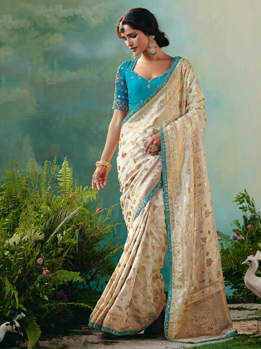Elegant Off-White Zari Weaving Tissue Evening Wear Saree With Blouse