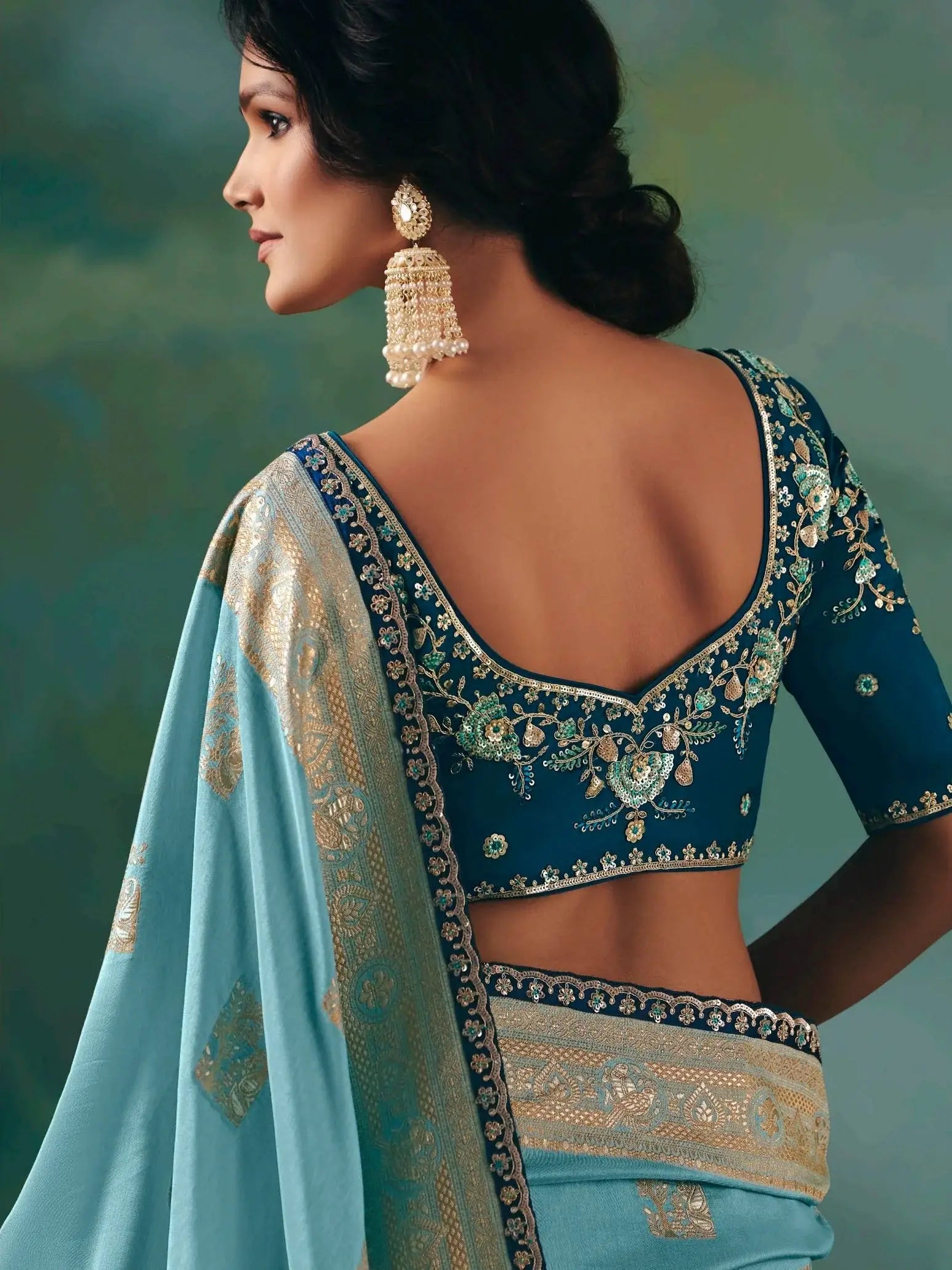 Breathtaking Sky Blue Zari Work Tissue Bridesmaid Saree With Blouse