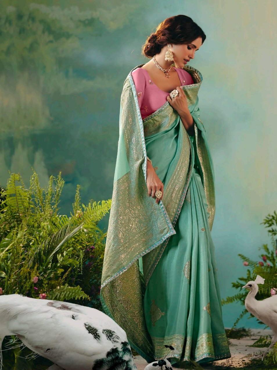 Classy Sea Green Sequins Embroidery Tissue Mehendi Wear Saree With Blouse