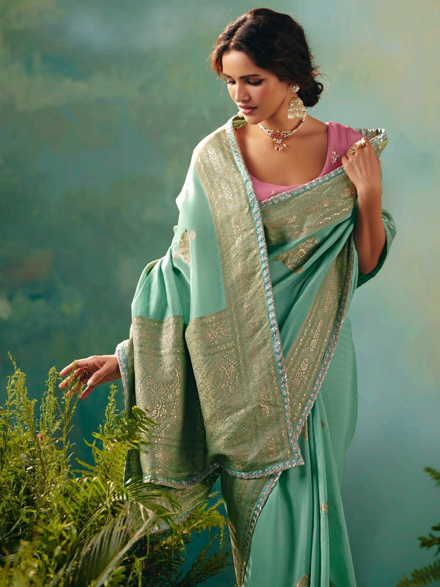 Classy Sea Green Sequins Embroidery Tissue Mehendi Wear Saree With Blouse