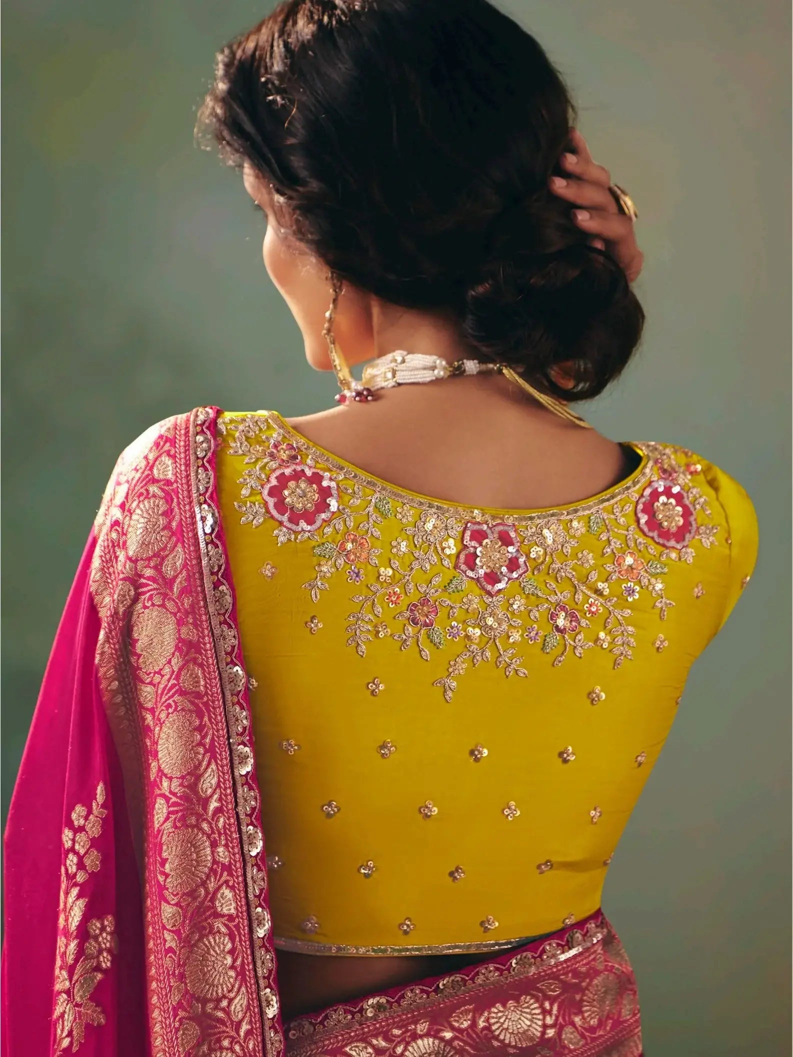 Pretty Rani Pink Sequin Tissue Engagement Wear Saree With Blouse