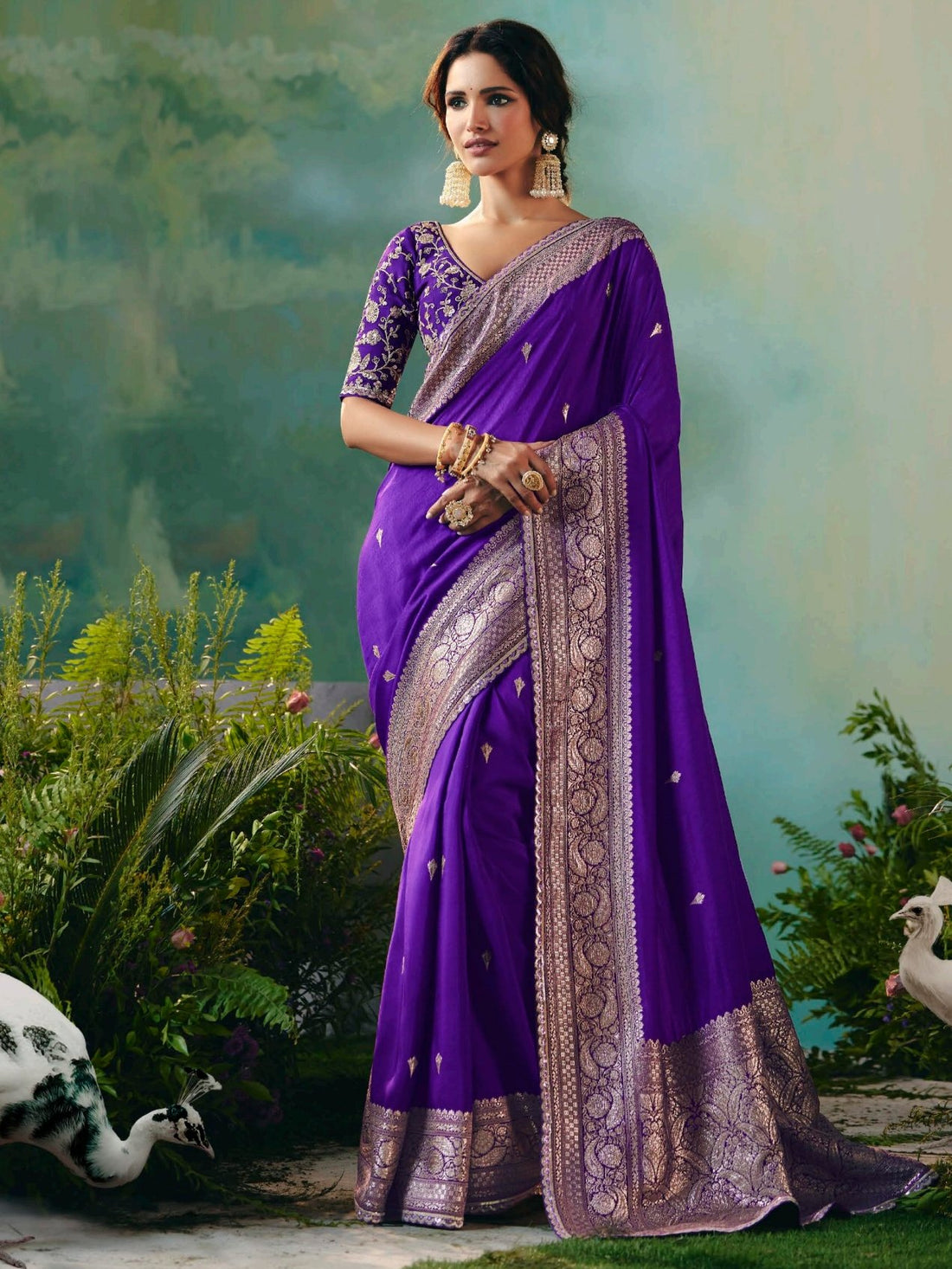 Incredible Purple Hand Work Tissue Wedding Wear Saree With Blouse