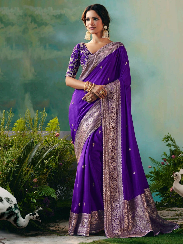 Incredible Purple Hand Work Tissue Wedding Wear Saree With Blouse