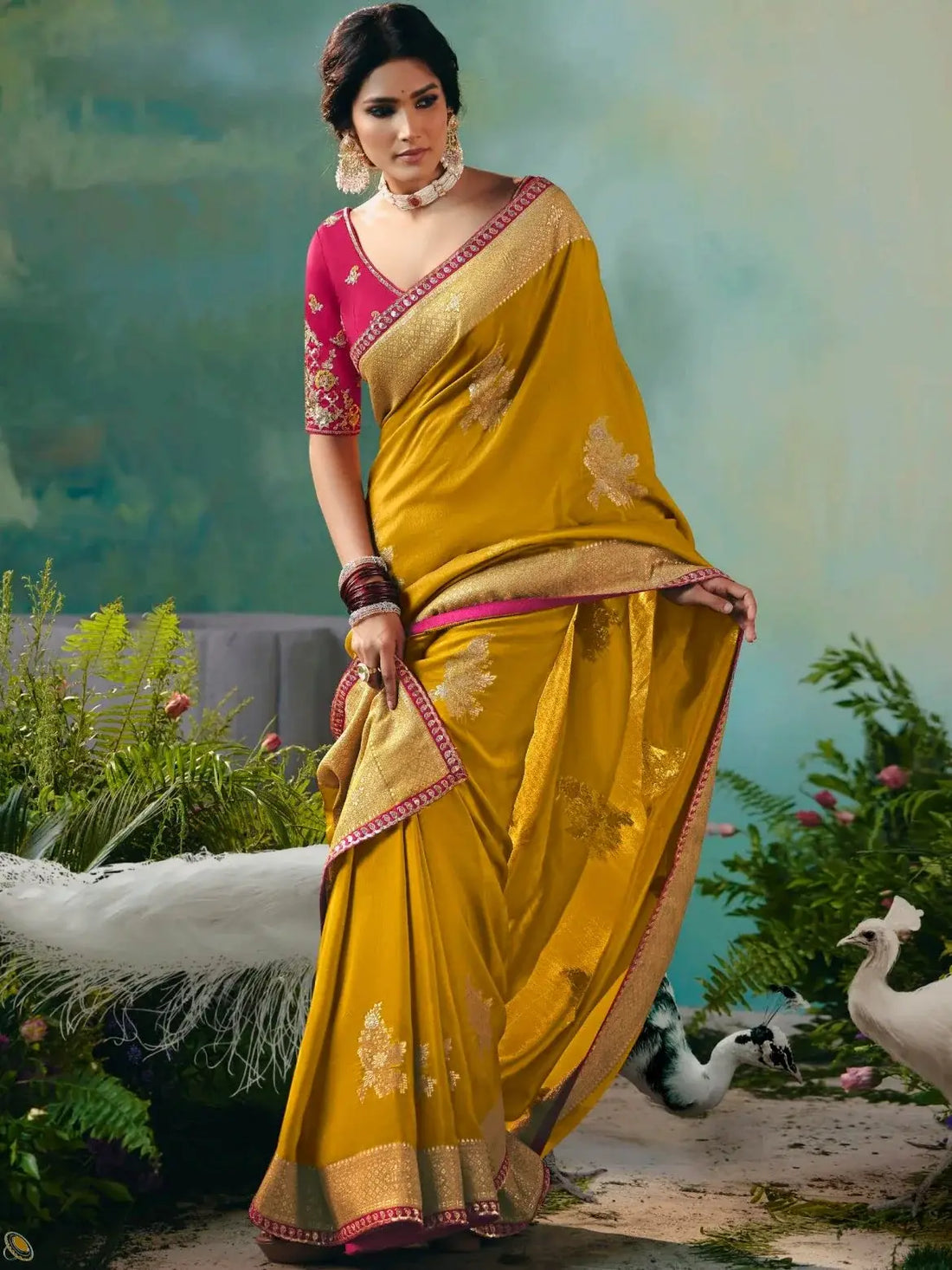 Stunning Mustard Yellow Floral Embroidery Tissue Haldi Wear Saree With Blouse