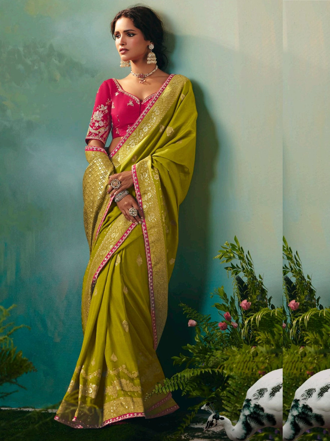 Awesome Olive Green Floral Embroidered Tissue Designer Saree With Blouse