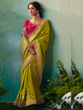 Awesome Olive Green Floral Embroidered Tissue Designer Saree With Blouse