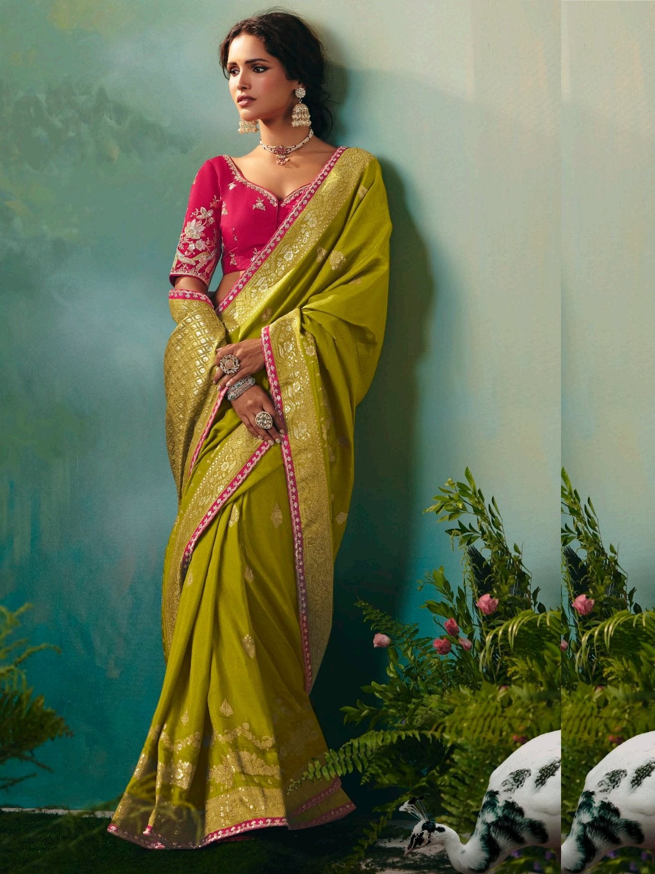 Awesome Olive Green Floral Embroidered Tissue Designer Saree With Blouse
