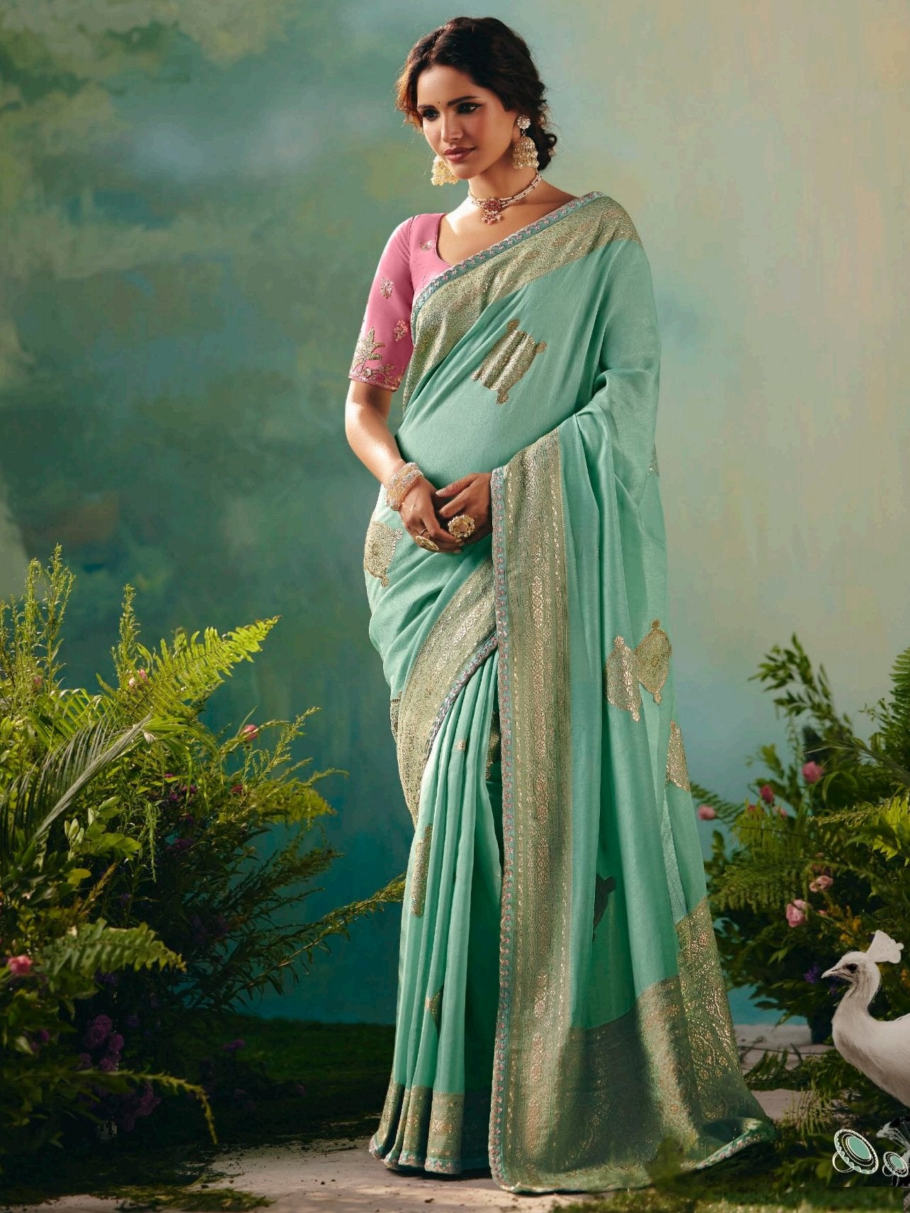 Classy Sea Green Sequins Embroidery Tissue Mehendi Wear Saree With Blouse