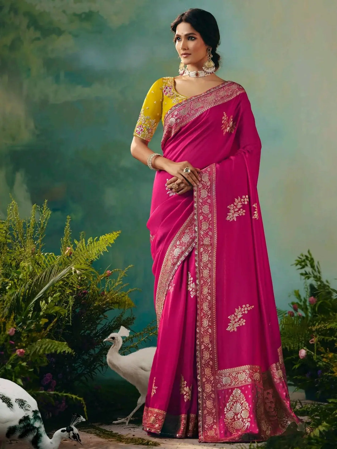 Pretty Rani Pink Sequin Tissue Engagement Wear Saree With Blouse