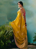 Stunning Mustard Yellow Floral Embroidery Tissue Haldi Wear Saree With Blouse
