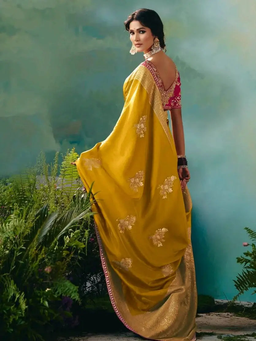 Stunning Mustard Yellow Floral Embroidery Tissue Haldi Wear Saree With Blouse